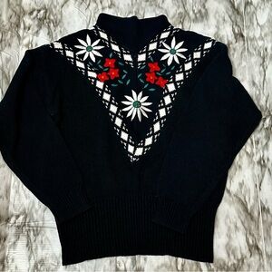 Elegant Navy Floral Women's Funnel Neck Sweater Embroidered Vintage Holiday
